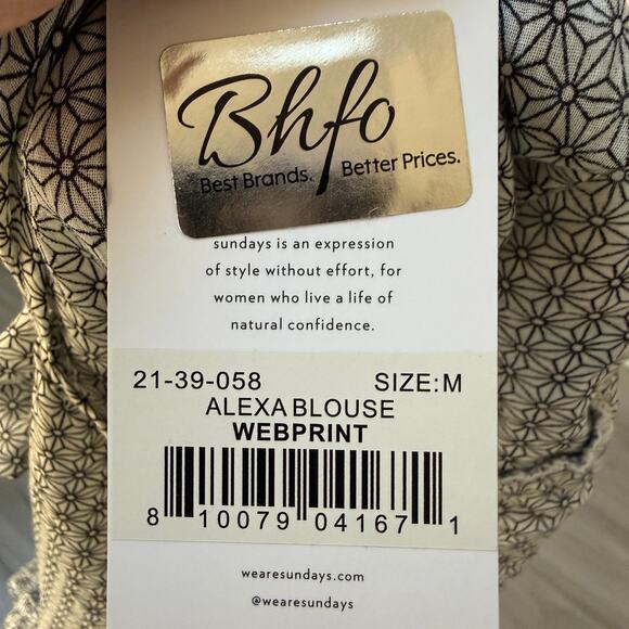 NWT SUNDAYS Alexa Blouse Ruffle Blouse White Gray Cotton Printed Medium - Picture 2 of 6